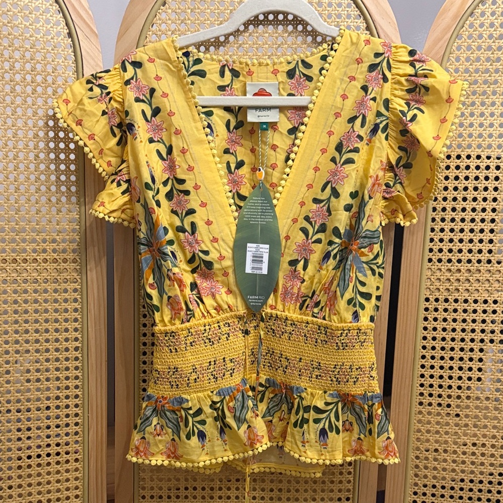 Farm Rio Yellow Floral V-Neck Smocked Peplum Top